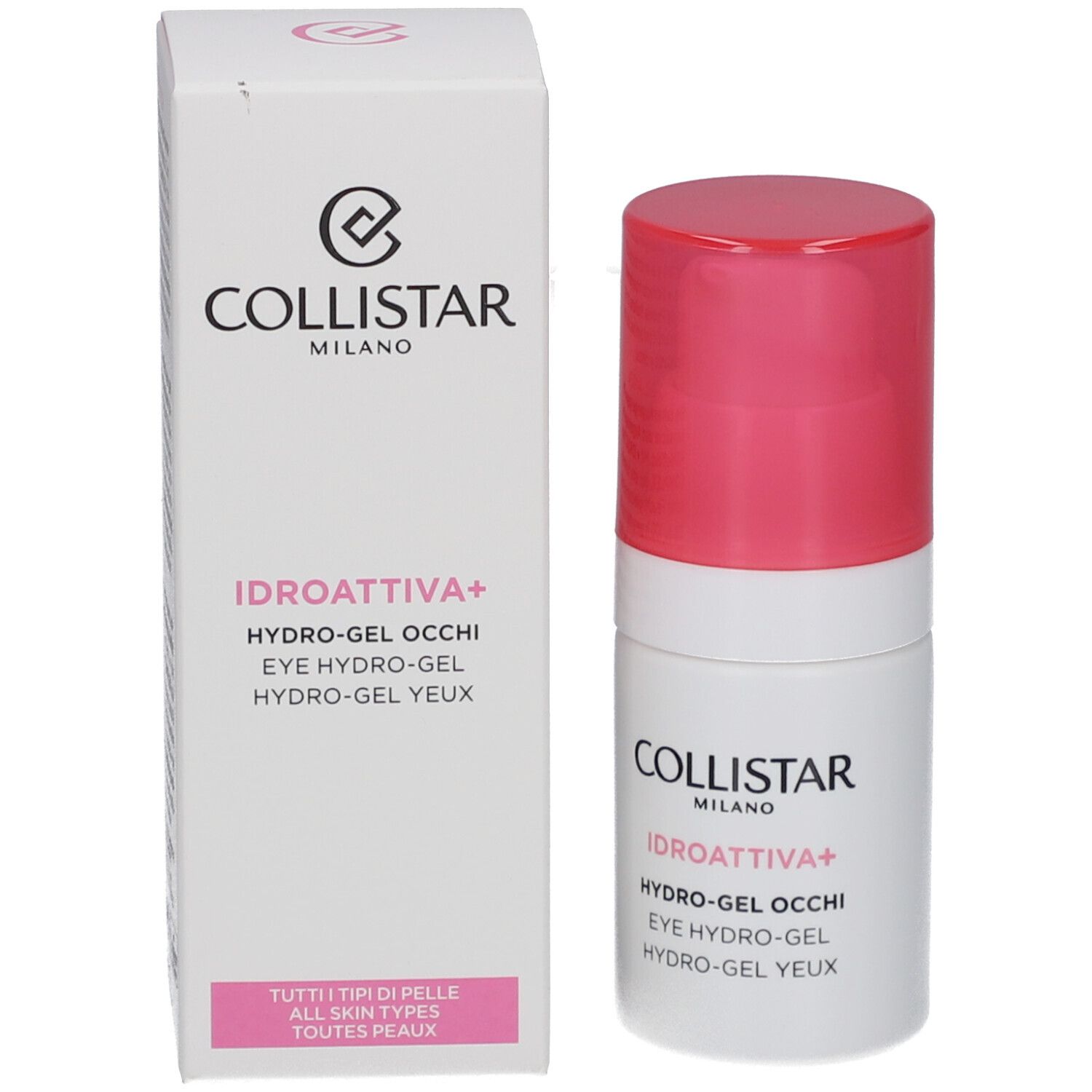 Produit et emballage. Flacon blanc et rose et carton. Inscriptions : COLLISTAR, IDROATTIVA+.