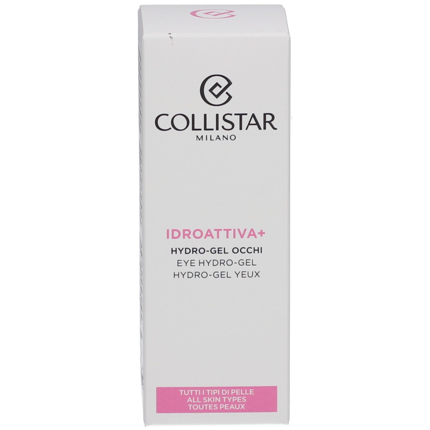 Emballage en carton. Inscriptions : COLLISTAR, IDROATTIVA+, HYDRO-GEL OCCHI, EYE HYDRO-GEL, HYDRO-GEL YEUX.