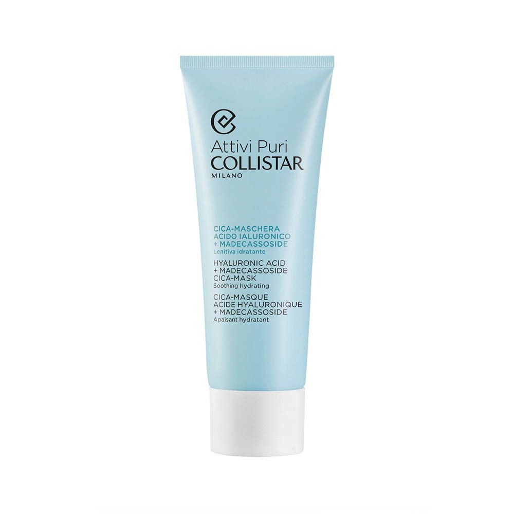 Tube bleu clair avec bouchon blanc. Inscription : Attivi Puri Collistar, Cica-Masque, Acide Hyaluronique + Madecassoside.