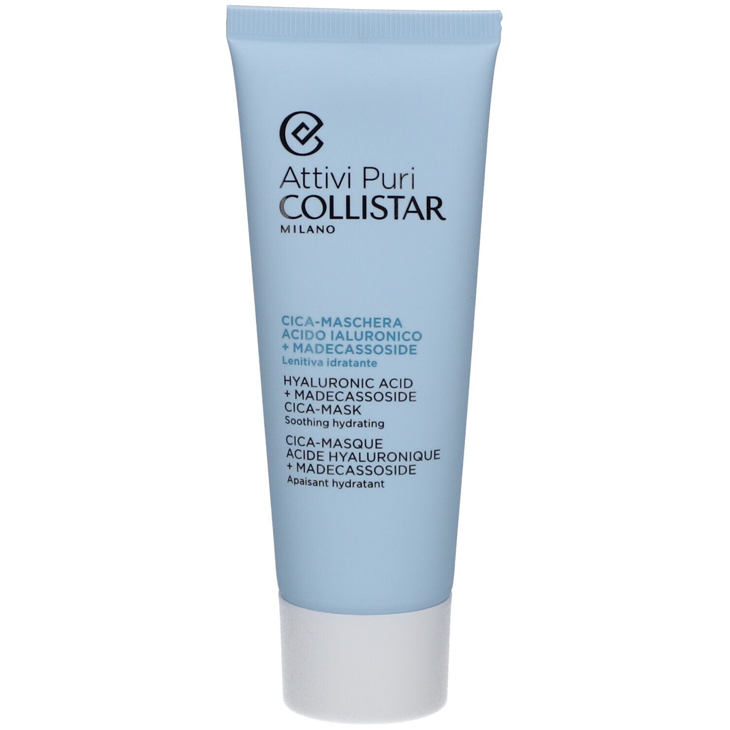 Tube bleu clair avec bouchon blanc. Inscription : Attivi Puri Collistar, Cica-Masque, Acide Hyaluronique + Madecassoside.