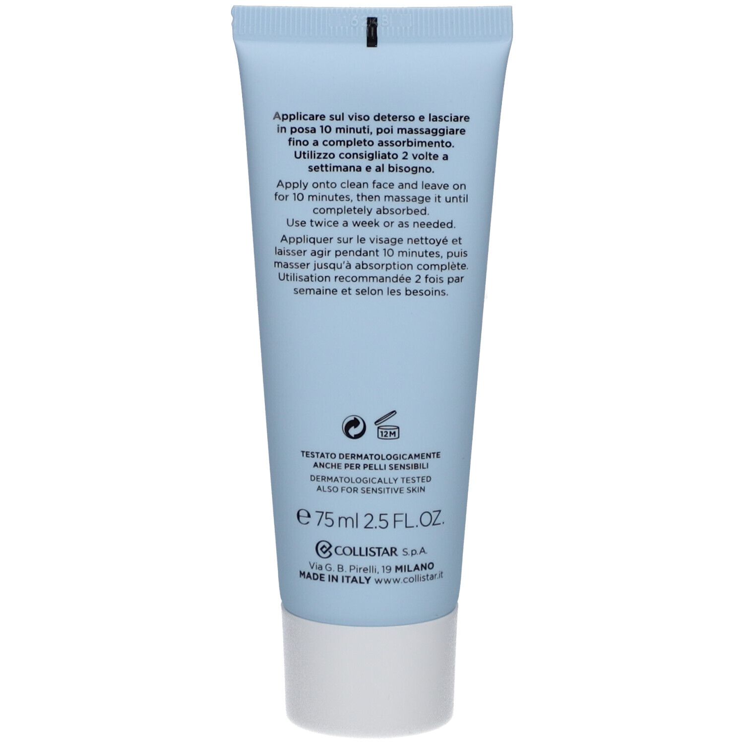 Dos du tube bleu clair. Texte multilingue : utilisation, ingrédients, informations fabricant, testé dermatologiquement.