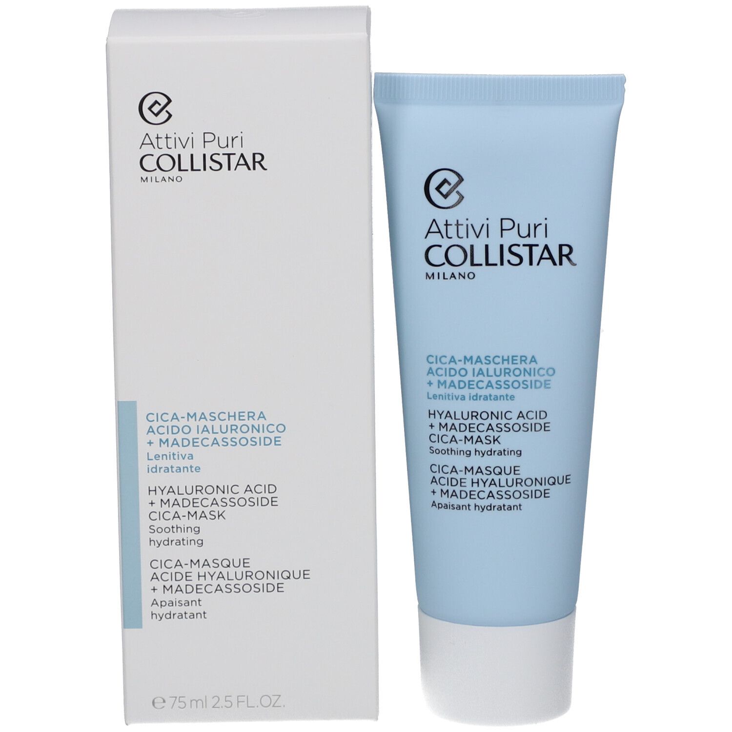 Emballage du produit : tube bleu clair et carton blanc. Inscription : Attivi Puri Collistar, Cica-Masque, Acide Hyaluronique + Madecassoside.