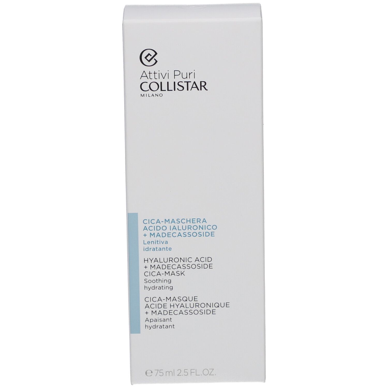 Boîte blanche avec informations sur le produit. Inscription : Attivi Puri Collistar, Cica-Masque, Acide Hyaluronique + Madecassoside.