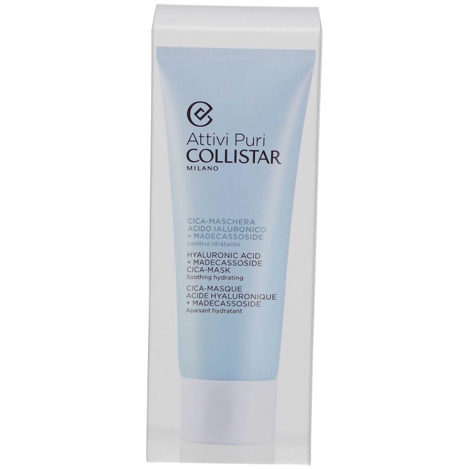 Tube bleu clair dans un emballage transparent. Inscription : Attivi Puri Collistar, Cica-Masque, Acide Hyaluronique + Madecassoside.