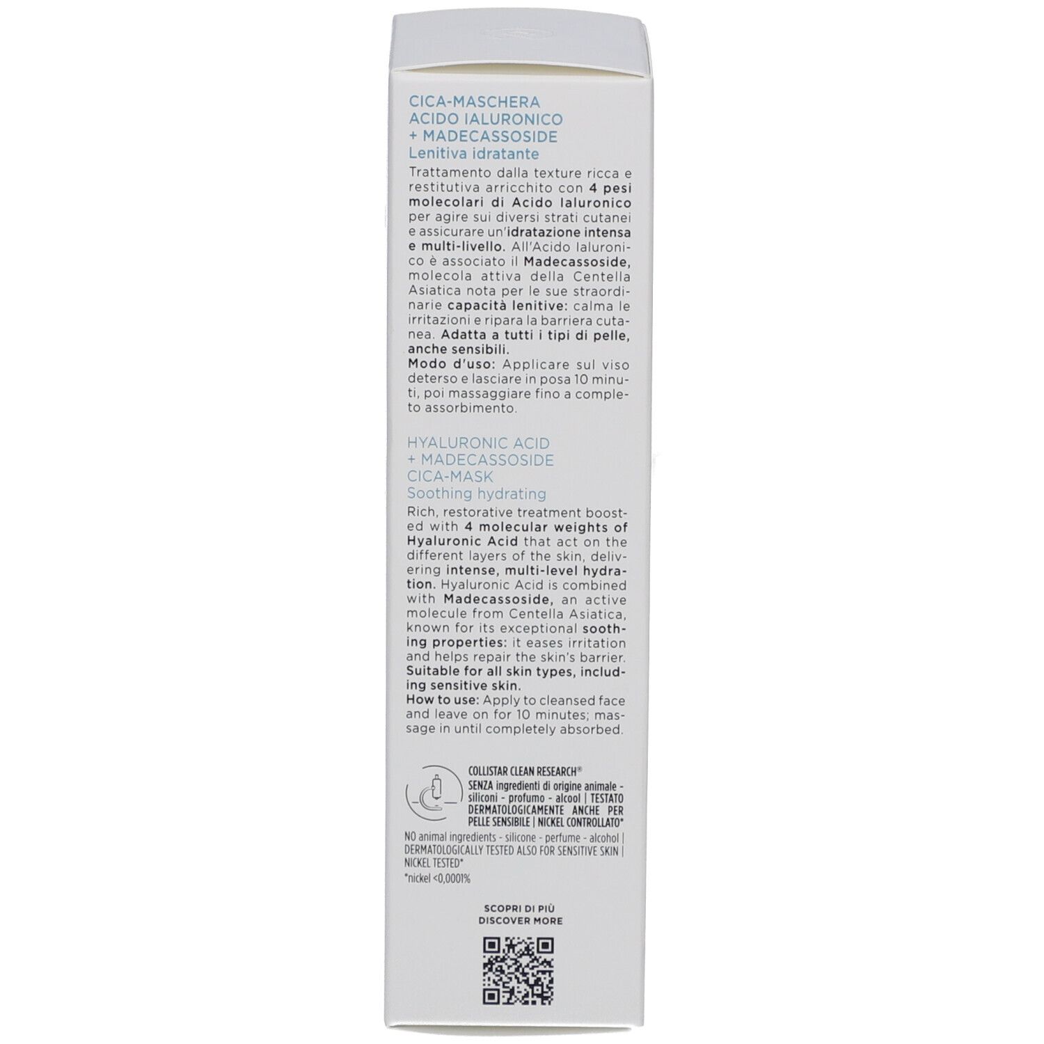 Dos de la boîte blanche. Texte multilingue : description du produit, utilisation, ingrédients, testé dermatologiquement.