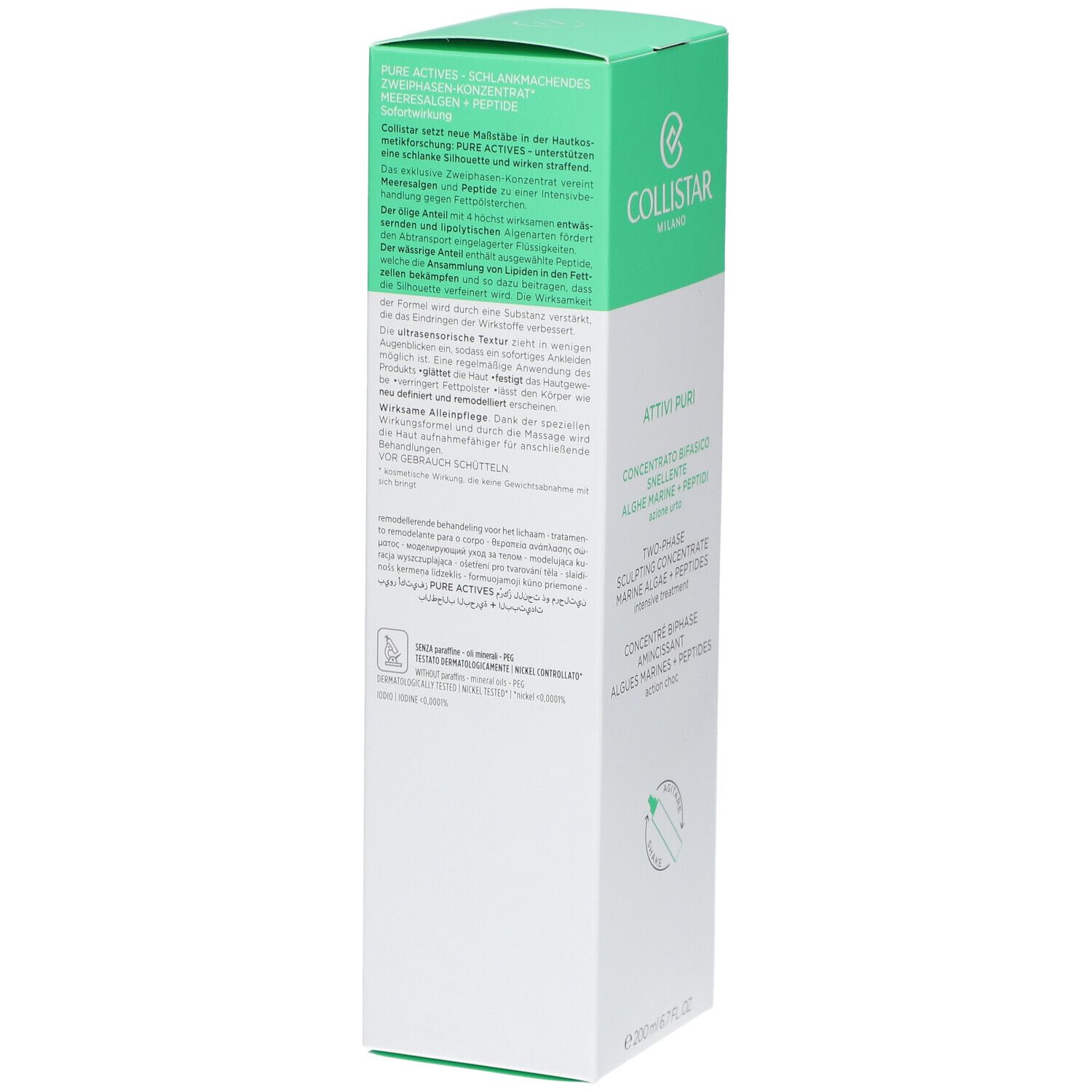 Dos de l'emballage Collistar® Attivi Puri. Texte en allemand, anglais, français, italien. Contient algues marines + peptides.