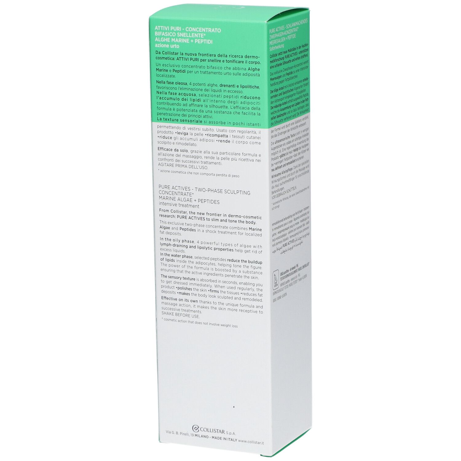 Côté de l'emballage Collistar® Attivi Puri. Texte en allemand, anglais, français, italien. Contient algues marines + peptides.