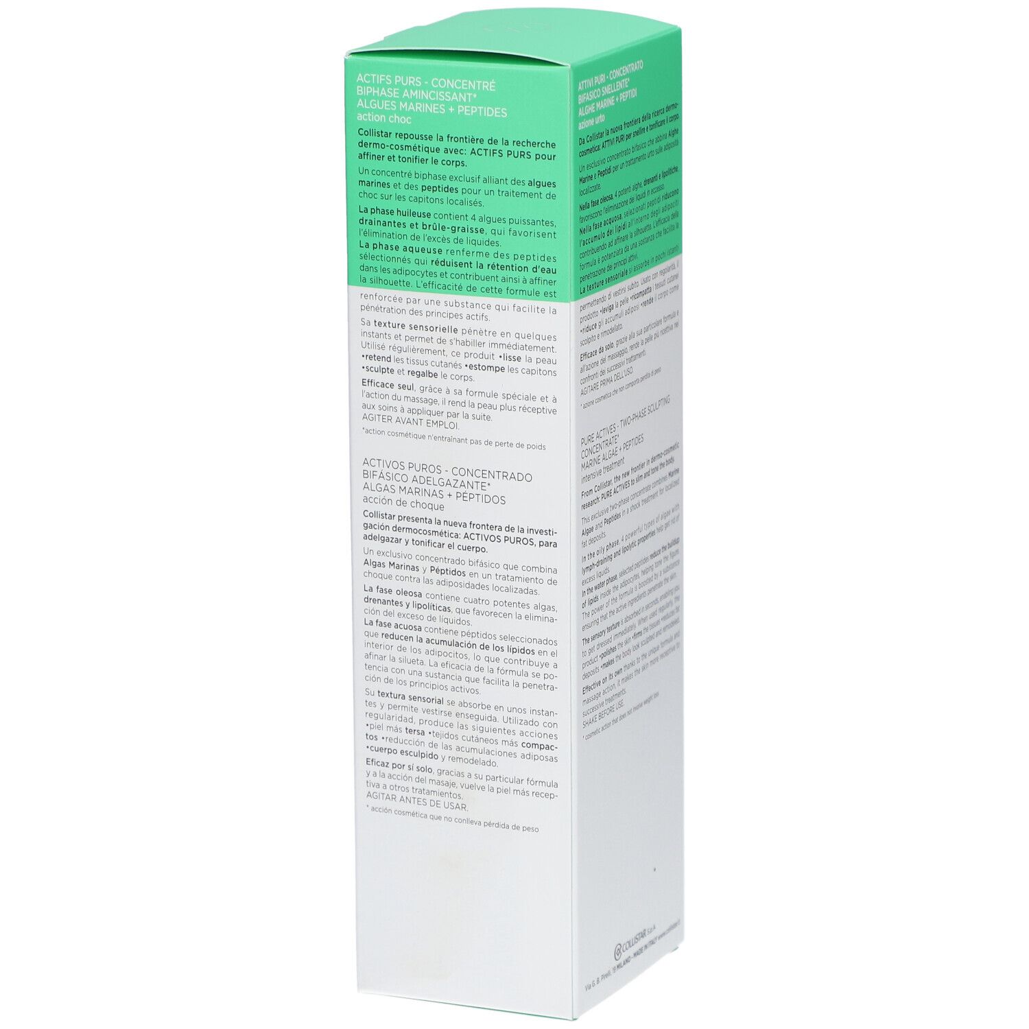 Côté de l'emballage Collistar® Attivi Puri. Texte en allemand, anglais, français, italien. Contient algues marines + peptides.