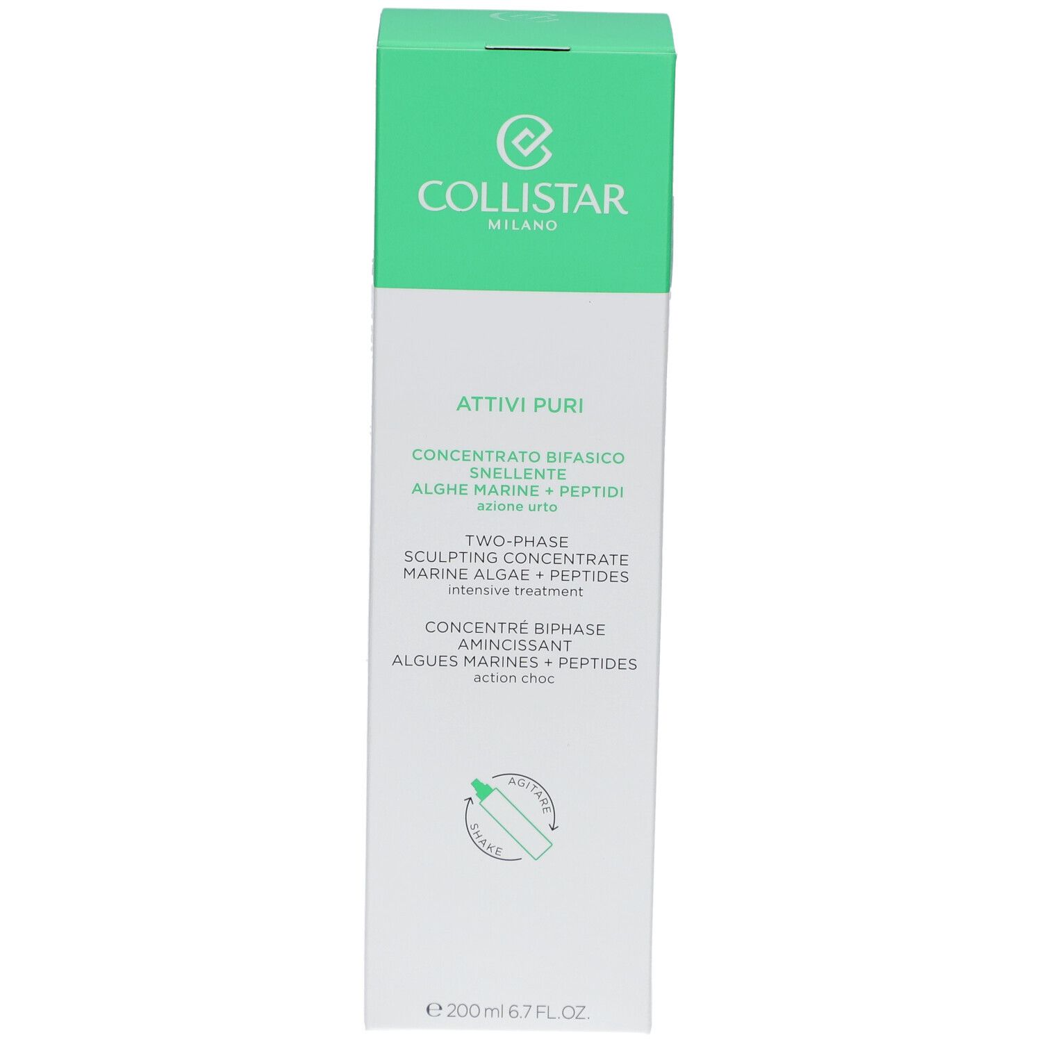 Collistar® Attivi Puri concentré. Emballage blanc et vert. Ingrédients : Algues marines + peptides. 200ml.