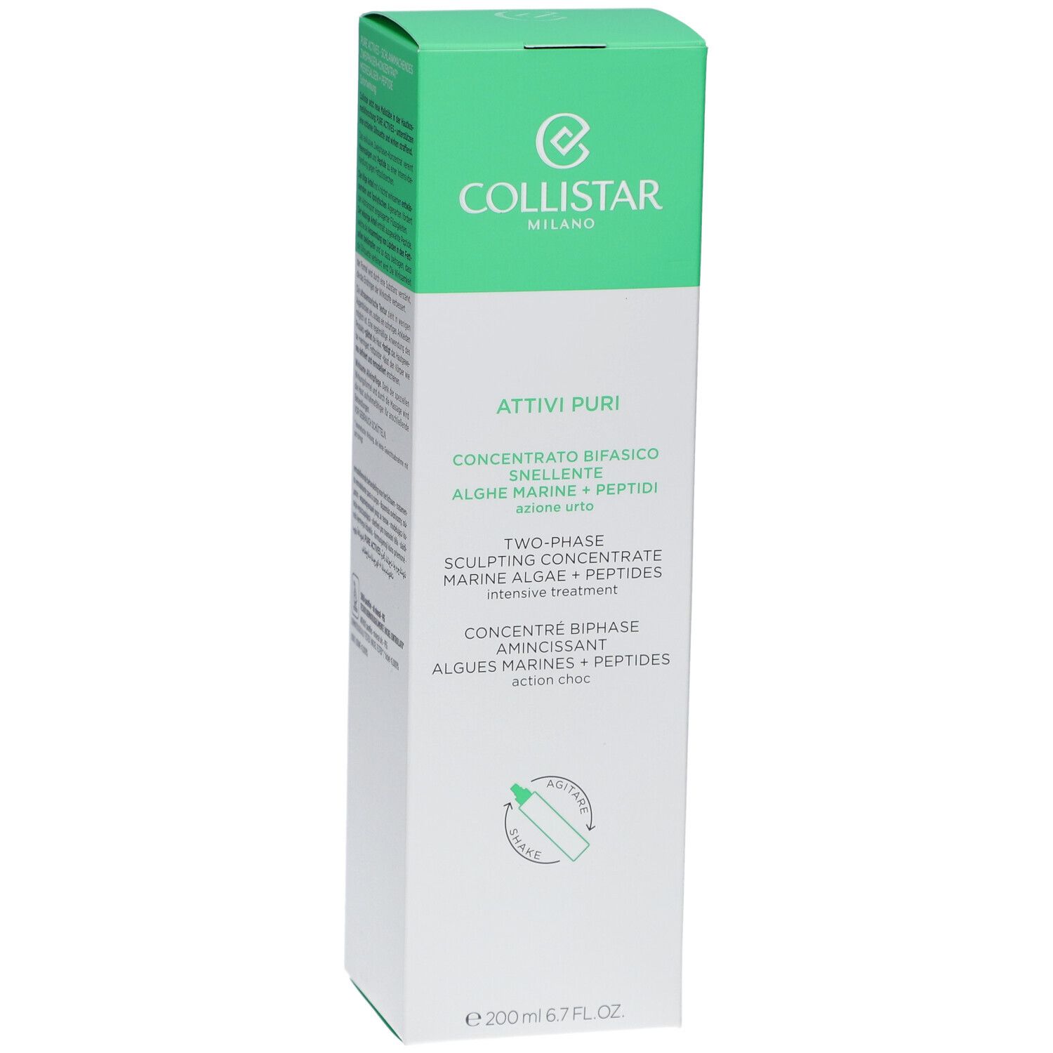 Collistar® Attivi Puri concentré. Emballage blanc et vert. Ingrédients : Algues marines + peptides. 200ml.