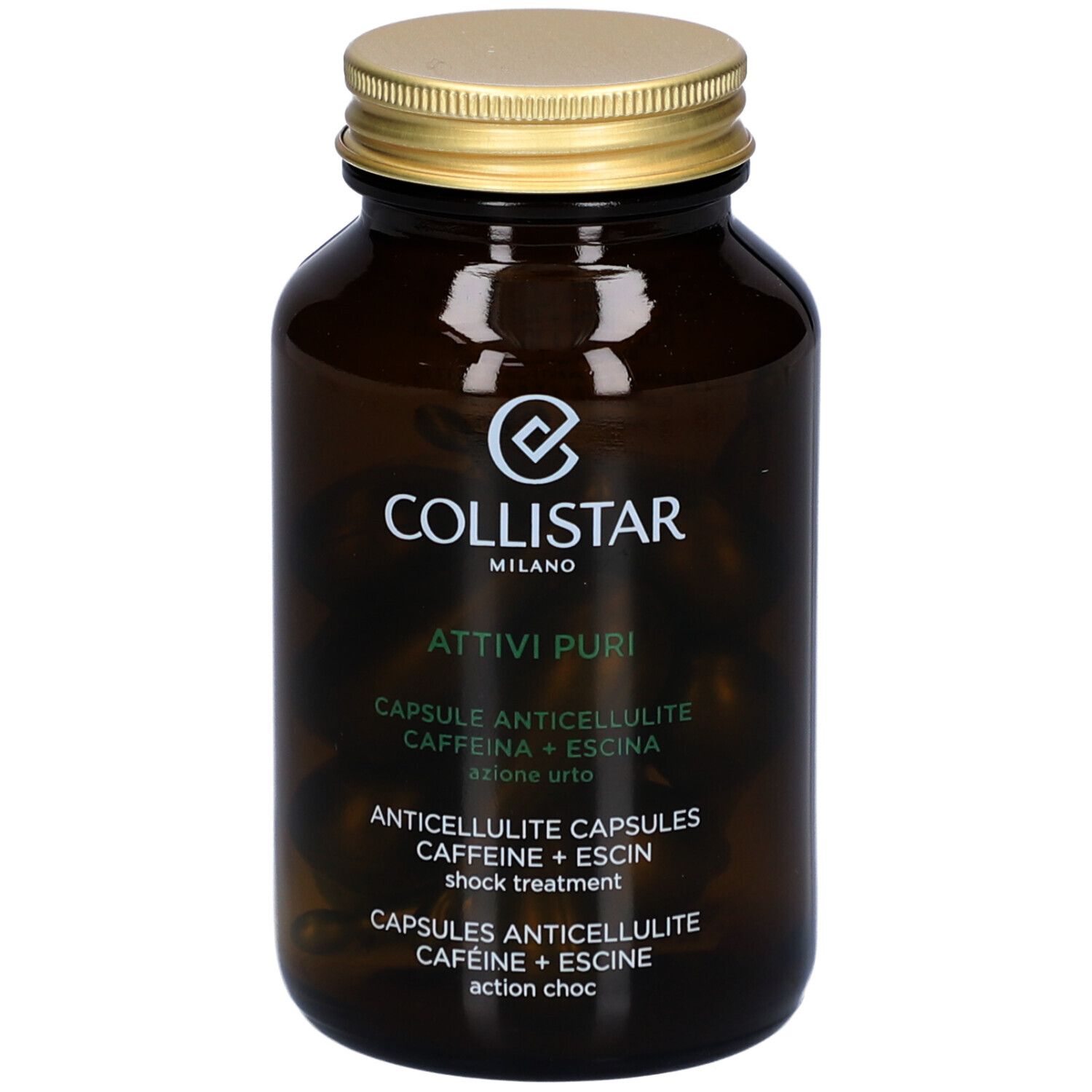 Braune Glasflasche mit goldfarbenem Deckel. Collistar-Logo und Produktbezeichnung Attivi Puri Anticellulite Capsules.