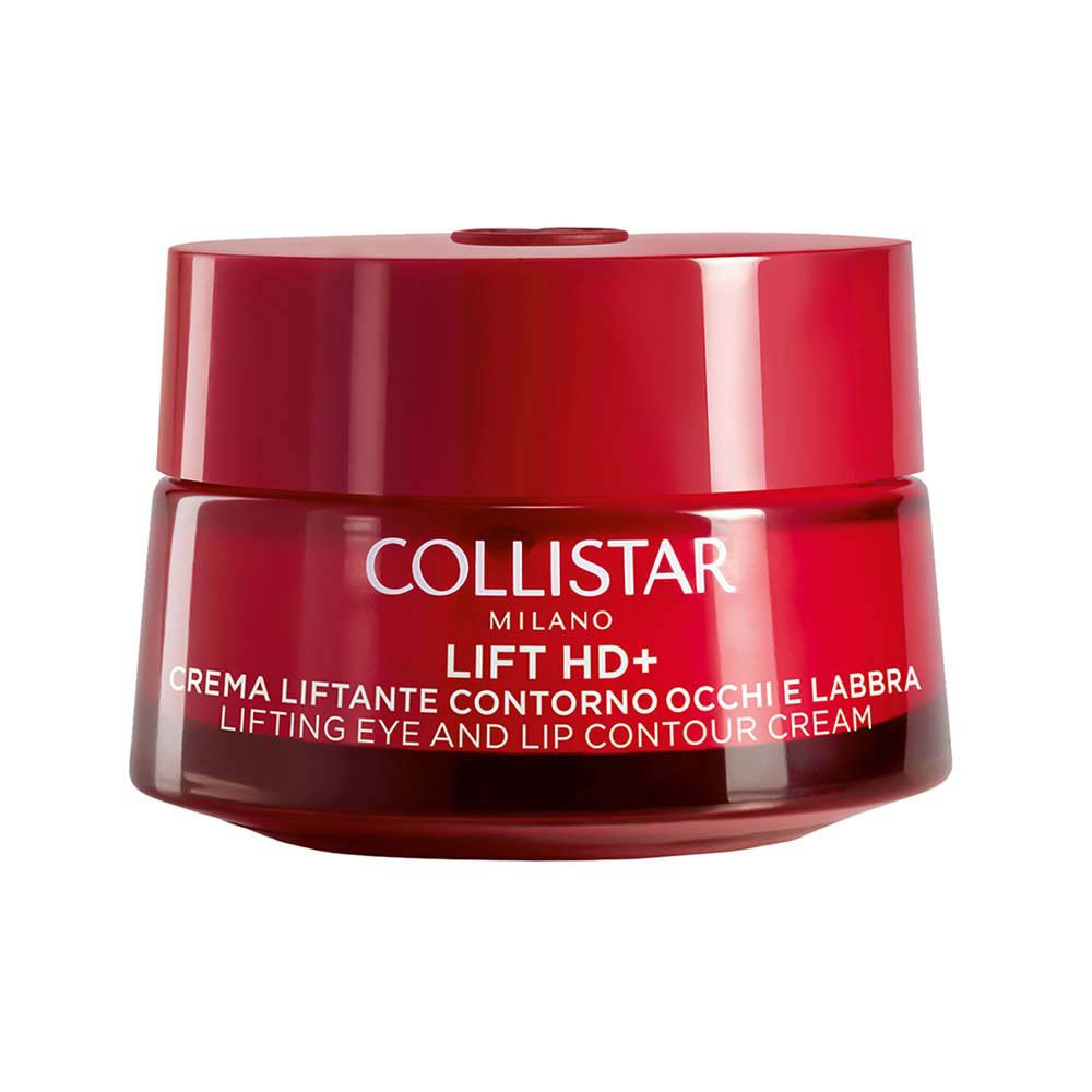 Pot rouge avec couvercle. Inscription : Collistar, Lift HD+, crème contour des yeux et des lèvres.