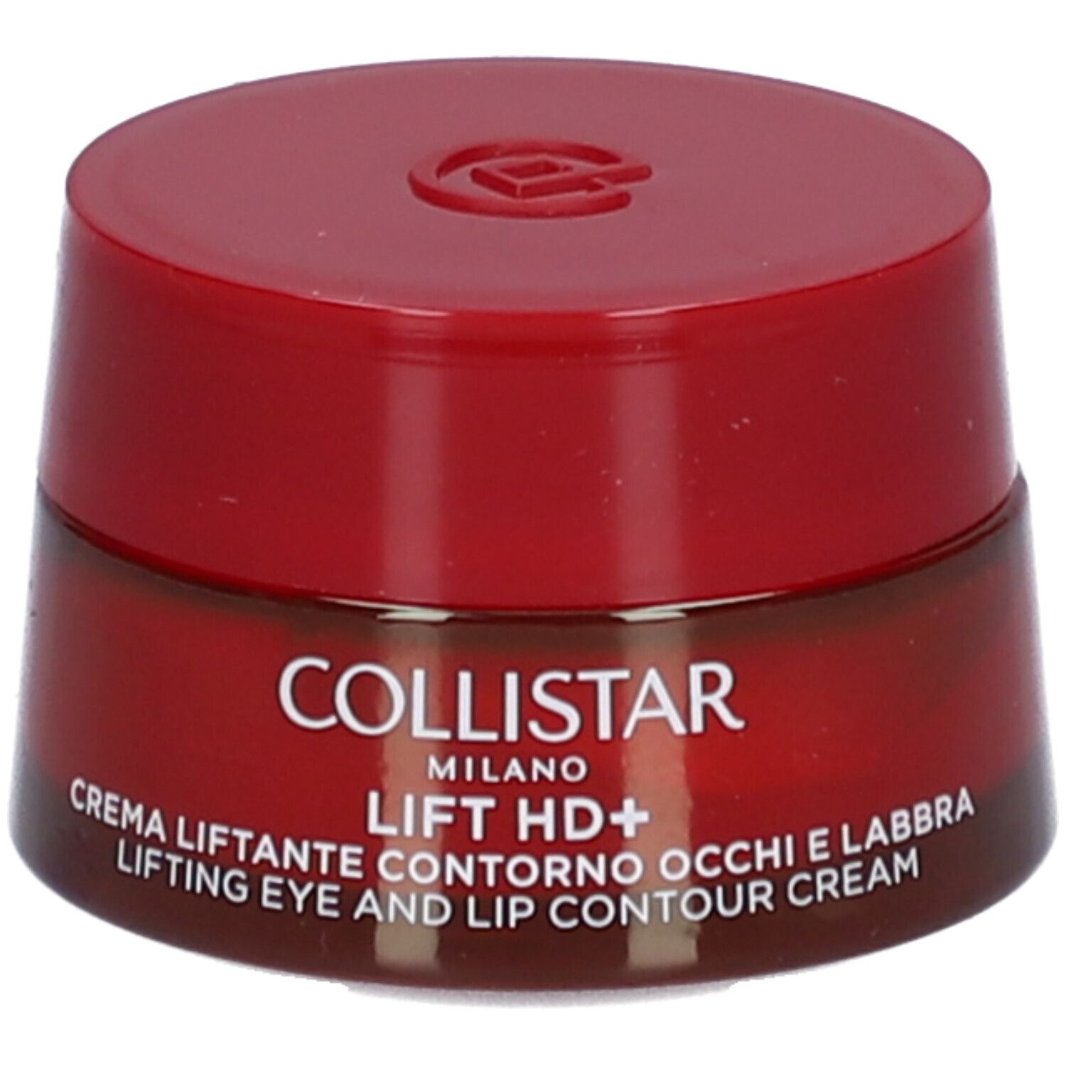 Pot rouge avec couvercle. Inscription : Collistar, Lift HD+, crème contour des yeux et des lèvres.