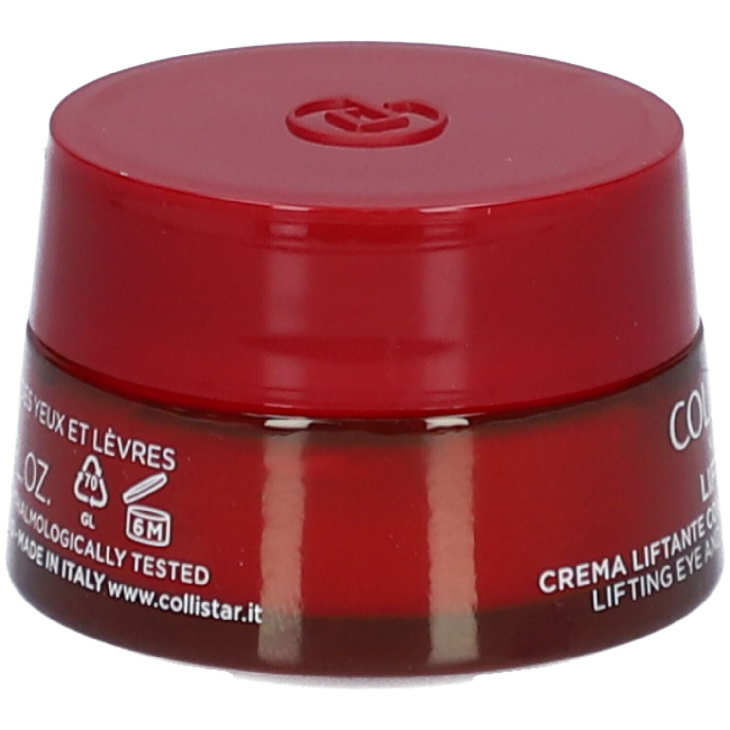 Pot rouge avec couvercle. Inscription : Collistar, Lift HD+, crème contour des yeux et des lèvres. Texte au dos.