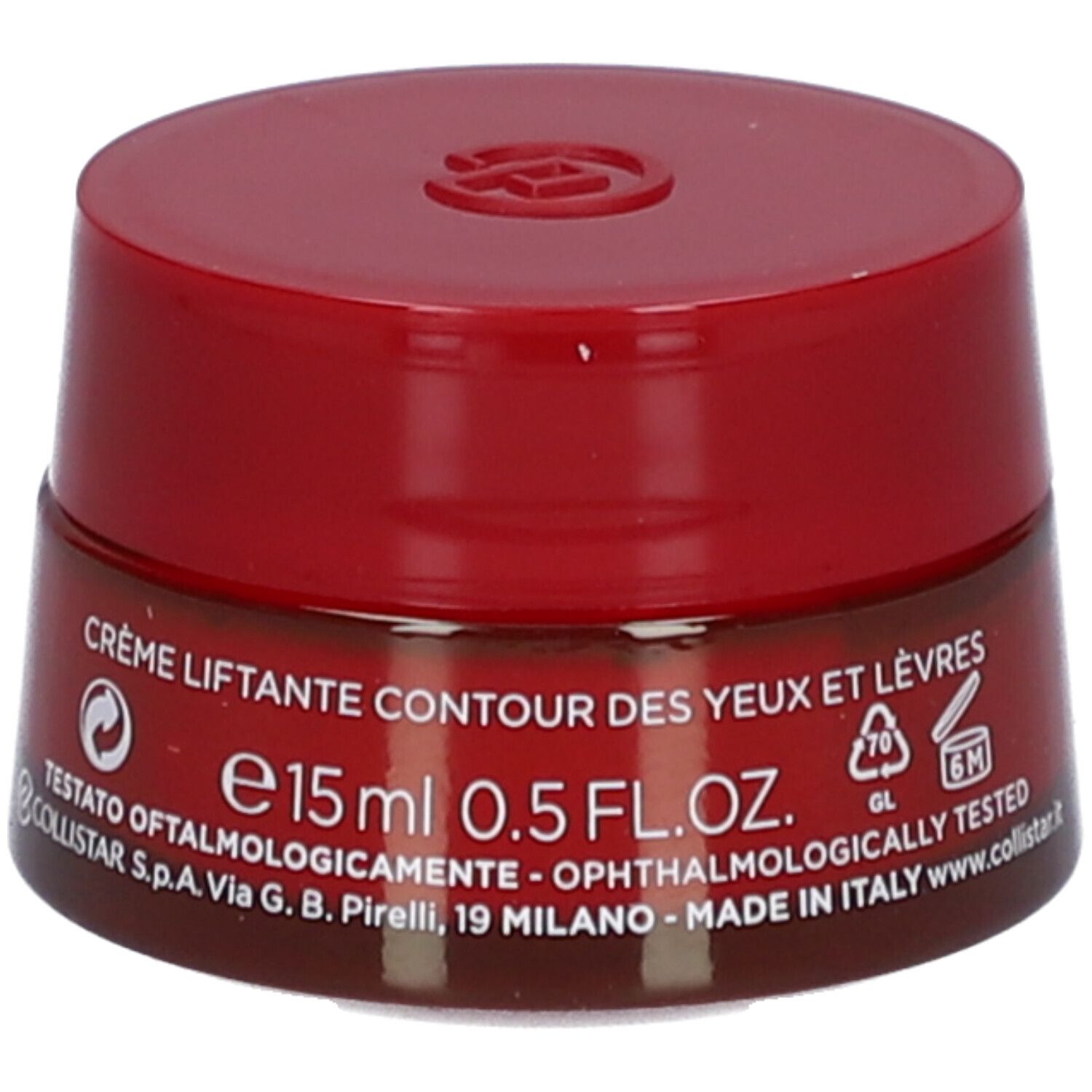 Pot rouge avec couvercle. Inscription : Collistar, Lift HD+, crème contour des yeux et des lèvres. Volume : 15 ml.