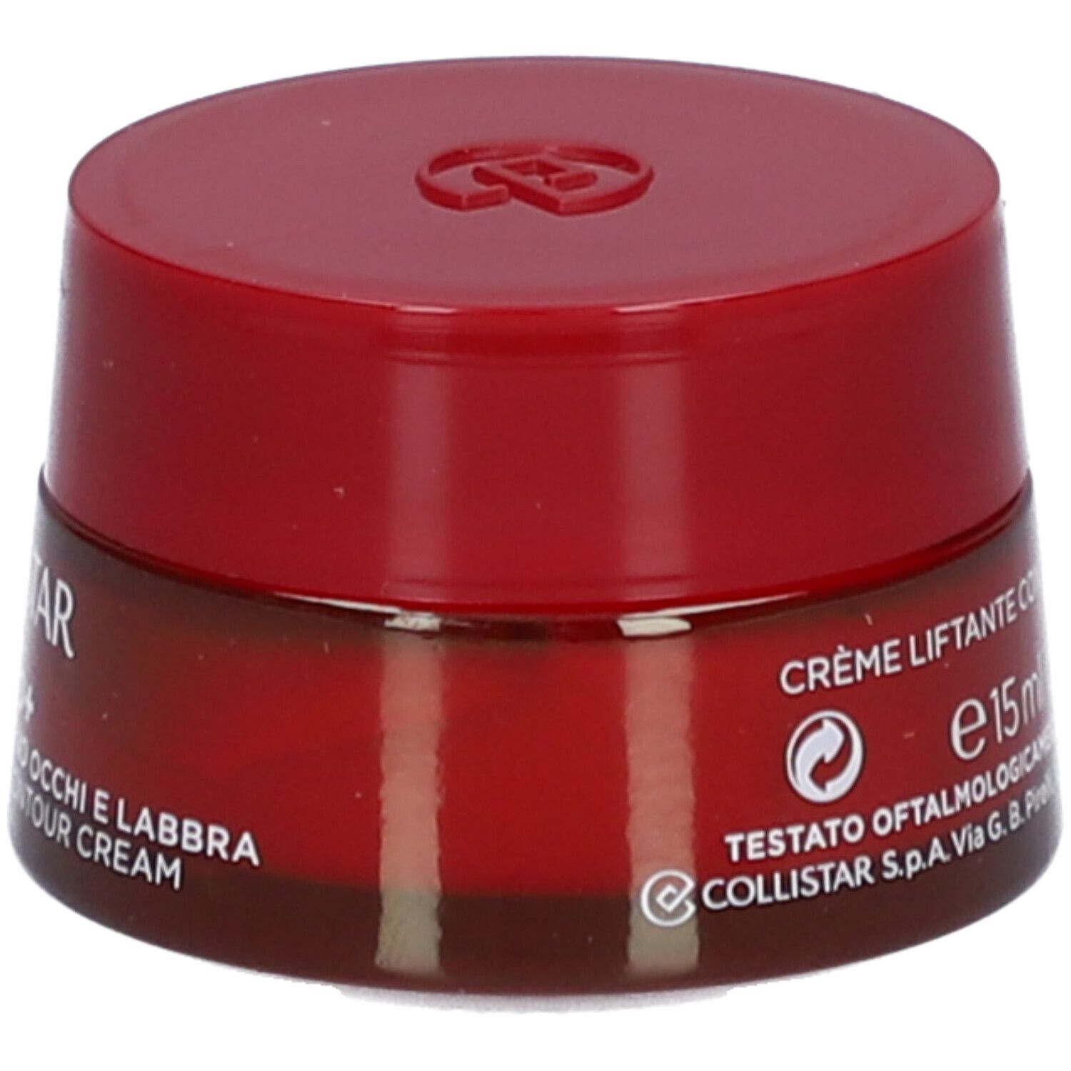 Pot rouge avec couvercle. Inscription : Collistar, Lift HD+, crème contour des yeux et des lèvres. Volume : 15 ml.