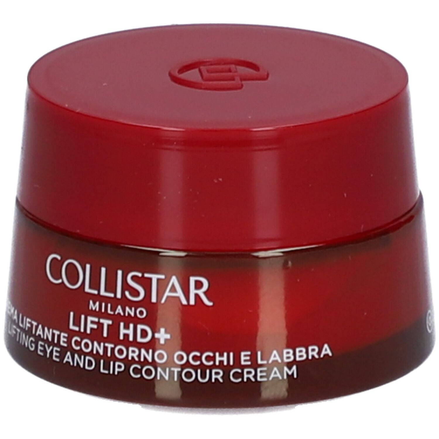 Pot rouge avec couvercle. Inscription : Collistar, Lift HD+, crème contour des yeux et des lèvres.