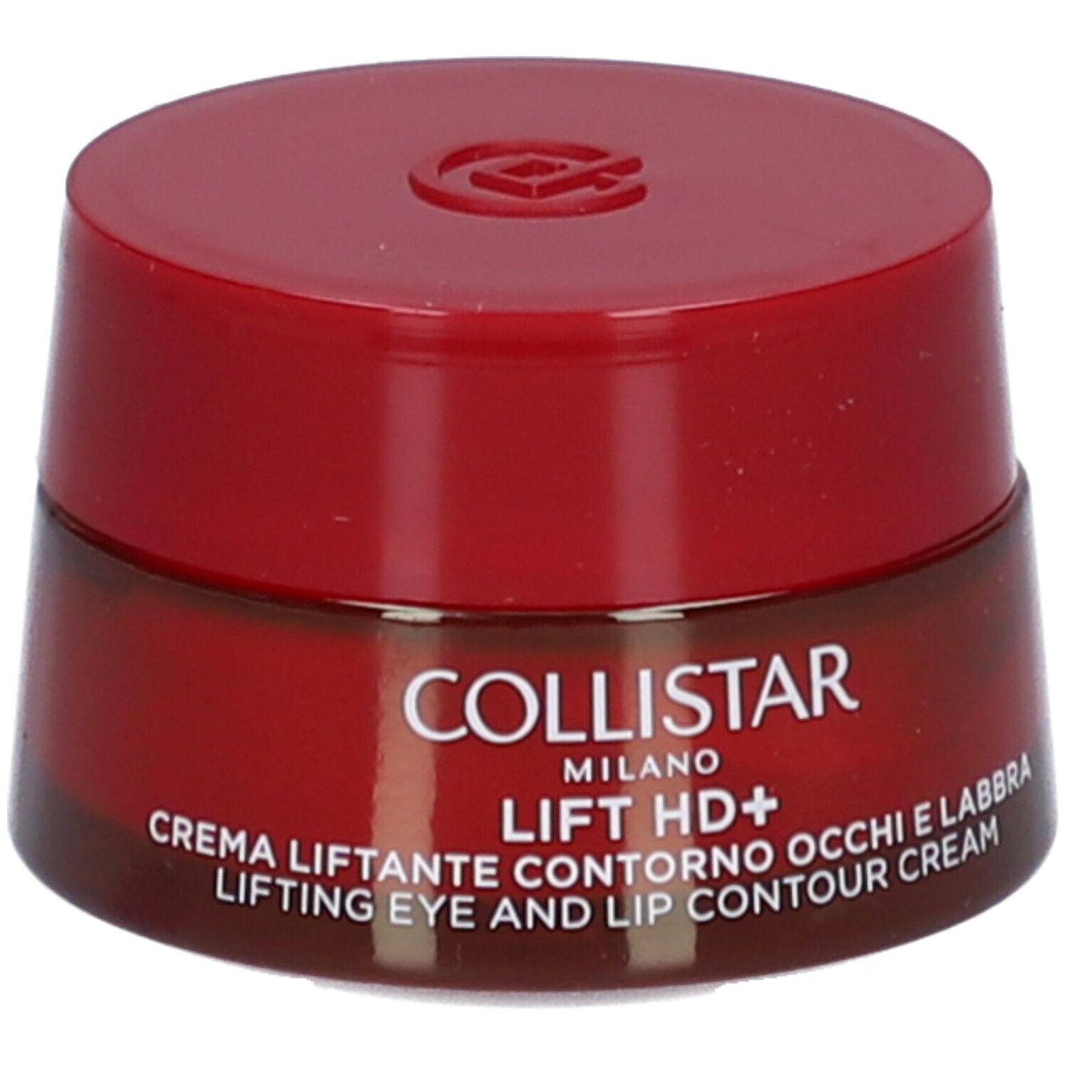 Pot rouge avec couvercle. Inscription : Collistar, Lift HD+, crème contour des yeux et des lèvres.
