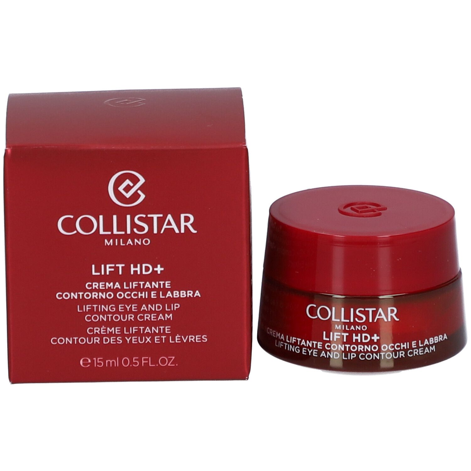 Pot et boîte rouges. Inscription : Collistar, Lift HD+, crème contour des yeux et des lèvres. Volume : 15 ml.