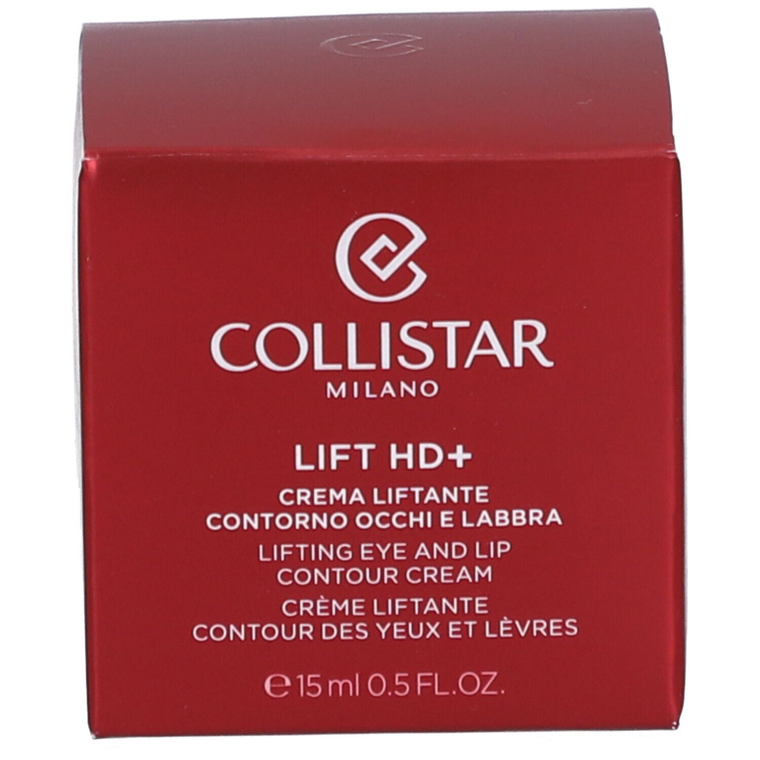Boîte rouge. Inscription : Collistar, Lift HD+, crème contour des yeux et des lèvres. Volume : 15 ml.