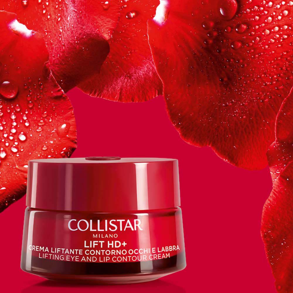Pot rouge avec couvercle. Inscription : Collistar, Lift HD+, crème contour des yeux et des lèvres.
