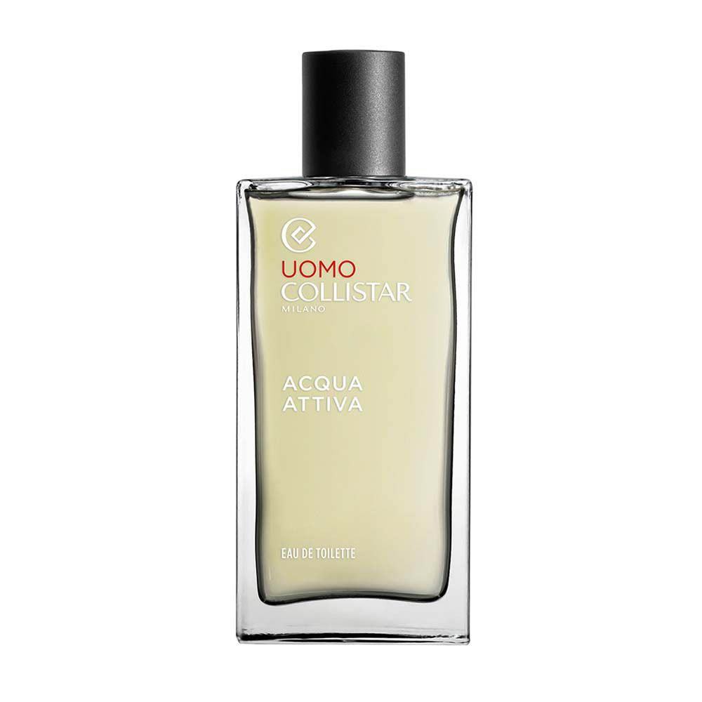 Flacon en verre avec bouchon noir. Inscription: UOMO COLLISTAR, ACQUA ATTIVA. Eau de Toilette.