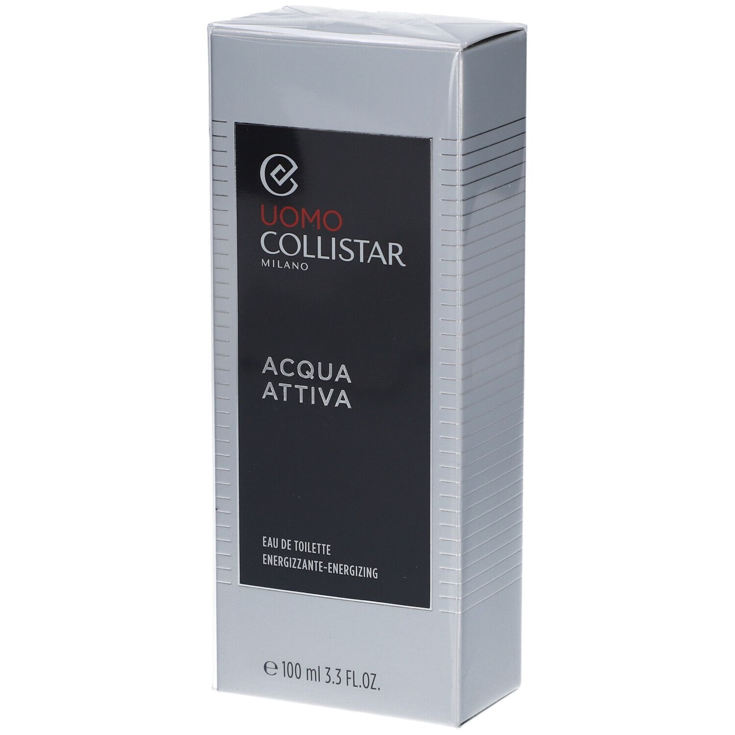 Silberne rechteckige Verpackung. Schwarzes Feld mit weißer Schrift: UOMO COLLISTAR, ACQUA ATTIVA. Eau de Toilette. 100 ml.