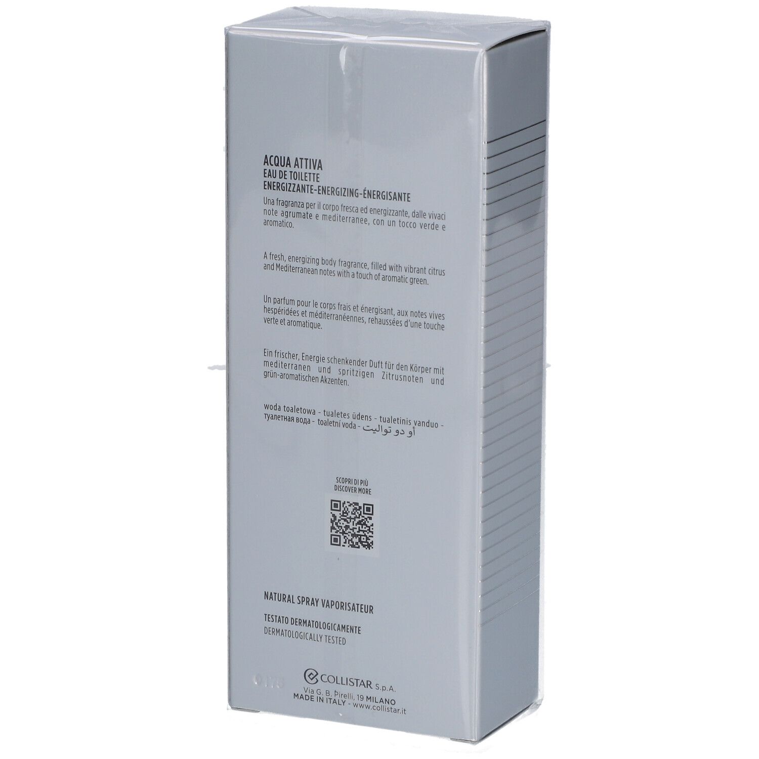 Rückseite der silbernen Verpackung. Text in mehreren Sprachen: ACQUA ATTIVA, Eau de Toilette. QR-Code. Hergestellt in Polen.