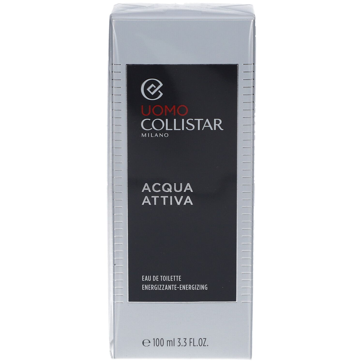 Silberne rechteckige Verpackung. Schwarzes Feld mit weißer Schrift: UOMO COLLISTAR, ACQUA ATTIVA. Eau de Toilette. 100 ml.