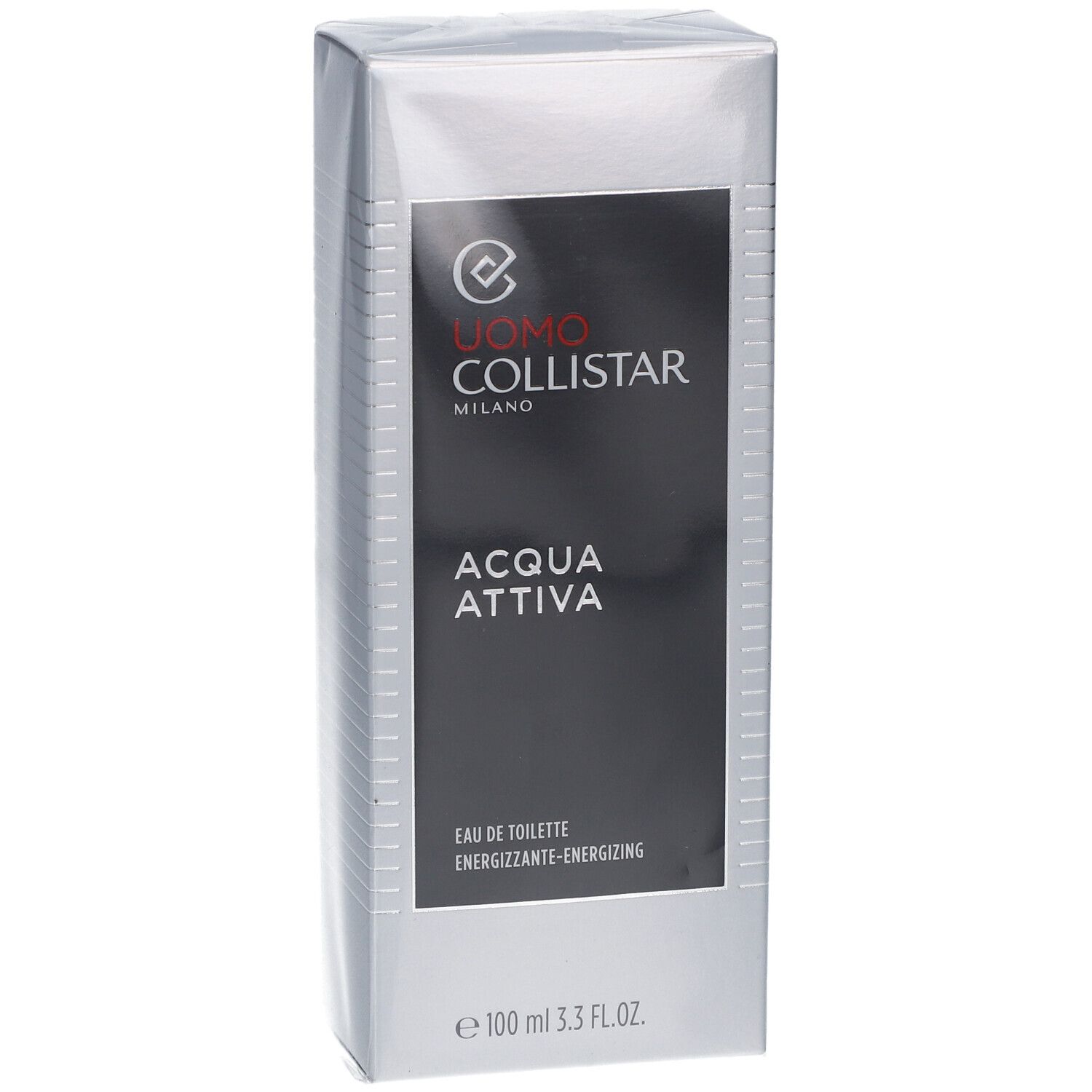 Silberne rechteckige Verpackung. Schwarzes Feld mit weißer Schrift: UOMO COLLISTAR, ACQUA ATTIVA. Eau de Toilette. 100 ml.
