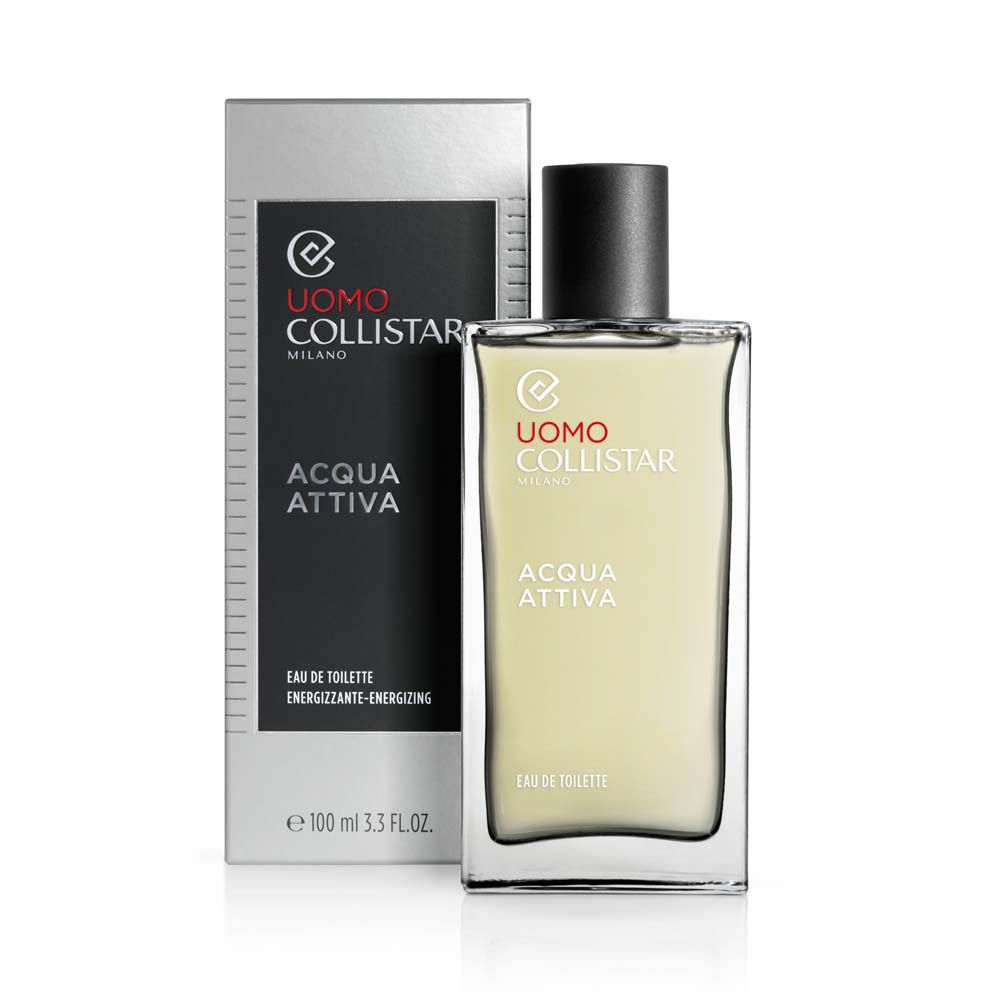Flacon en verre avec bouchon noir et boîte argentée. Inscription: UOMO COLLISTAR, ACQUA ATTIVA. Eau de Toilette. 100 ml.