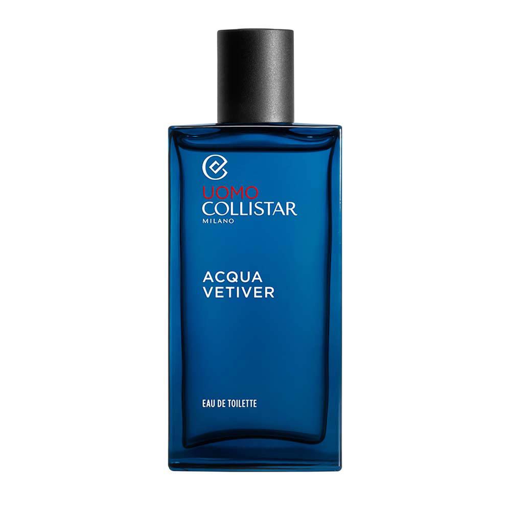 Flacon bleu avec bouchon noir. Inscription: Uomo Collistar, Acqua Vetiver, Eau de Toilette.