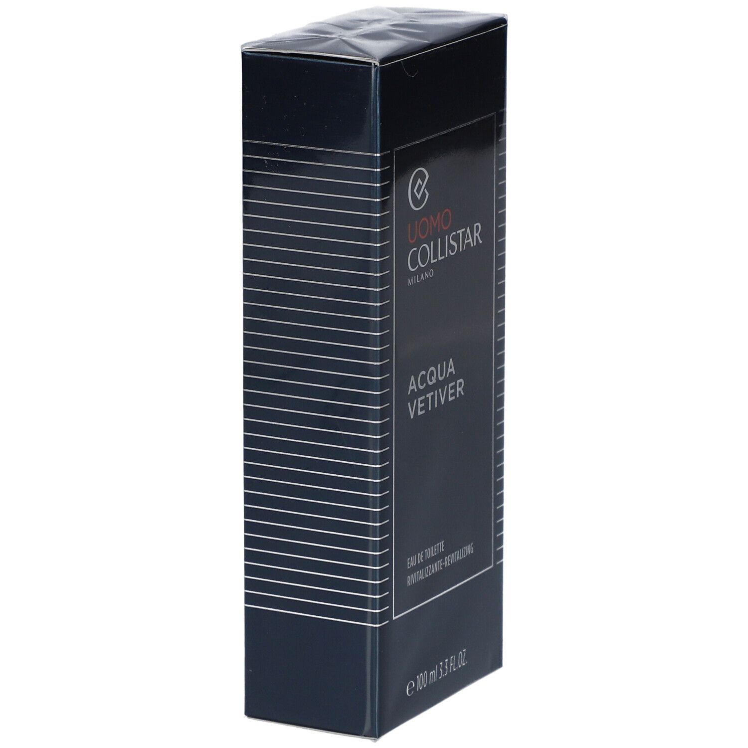 Dunkelblaue rechteckige Schachtel mit weißen Linien. Aufschrift: Uomo Collistar, Acqua Vetiver. Unten: 100 ml 3.3 FL.OZ.