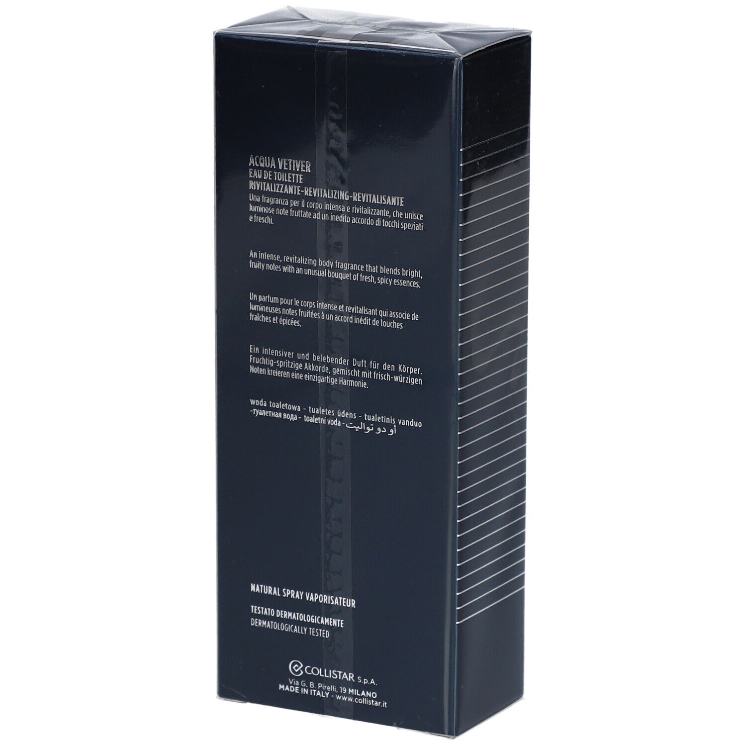 Dunkelblaue Schachtel mit Text. Aufschrift: Acqua Vetiver, Eau de Toilette, Natural Spray Vaporisateur. Unten: Collistar S.p.A.