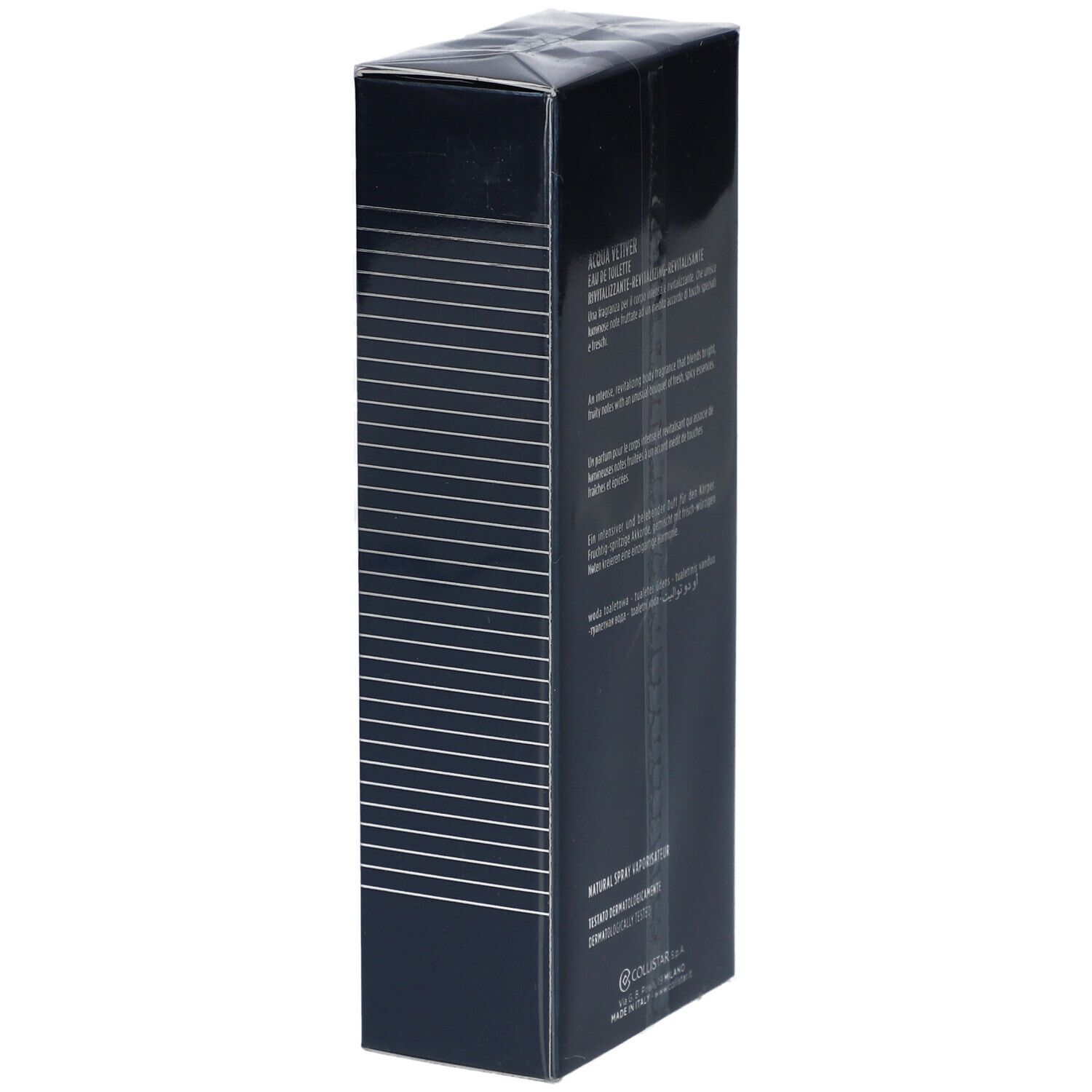 Dunkelblaue Schachtel mit Text und weißen Linien. Aufschrift: Acqua Vetiver, Eau de Toilette. Unten: Collistar S.p.A.