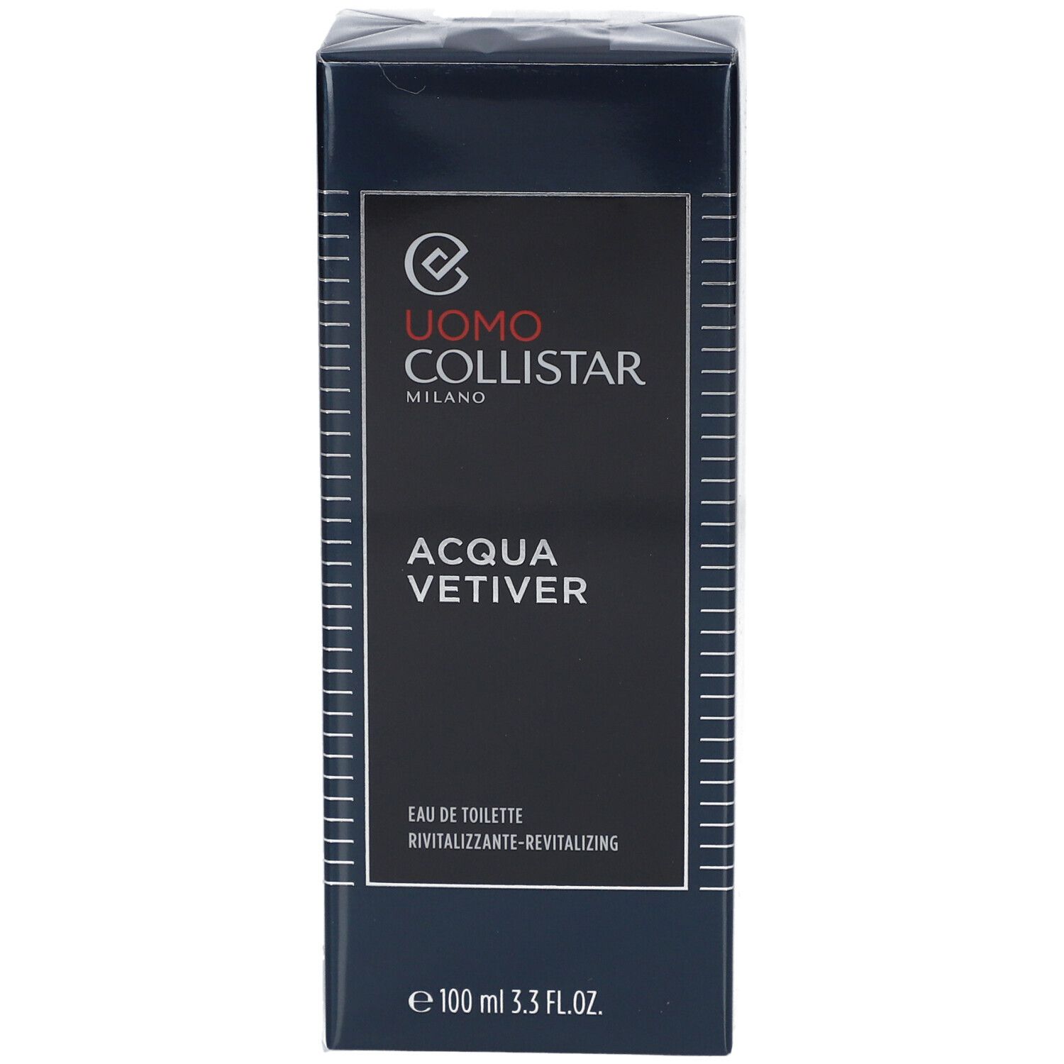Dunkelblaue rechteckige Schachtel. Aufschrift: Uomo Collistar, Acqua Vetiver, Eau de Toilette. Unten: 100 ml 3.3 FL.OZ.