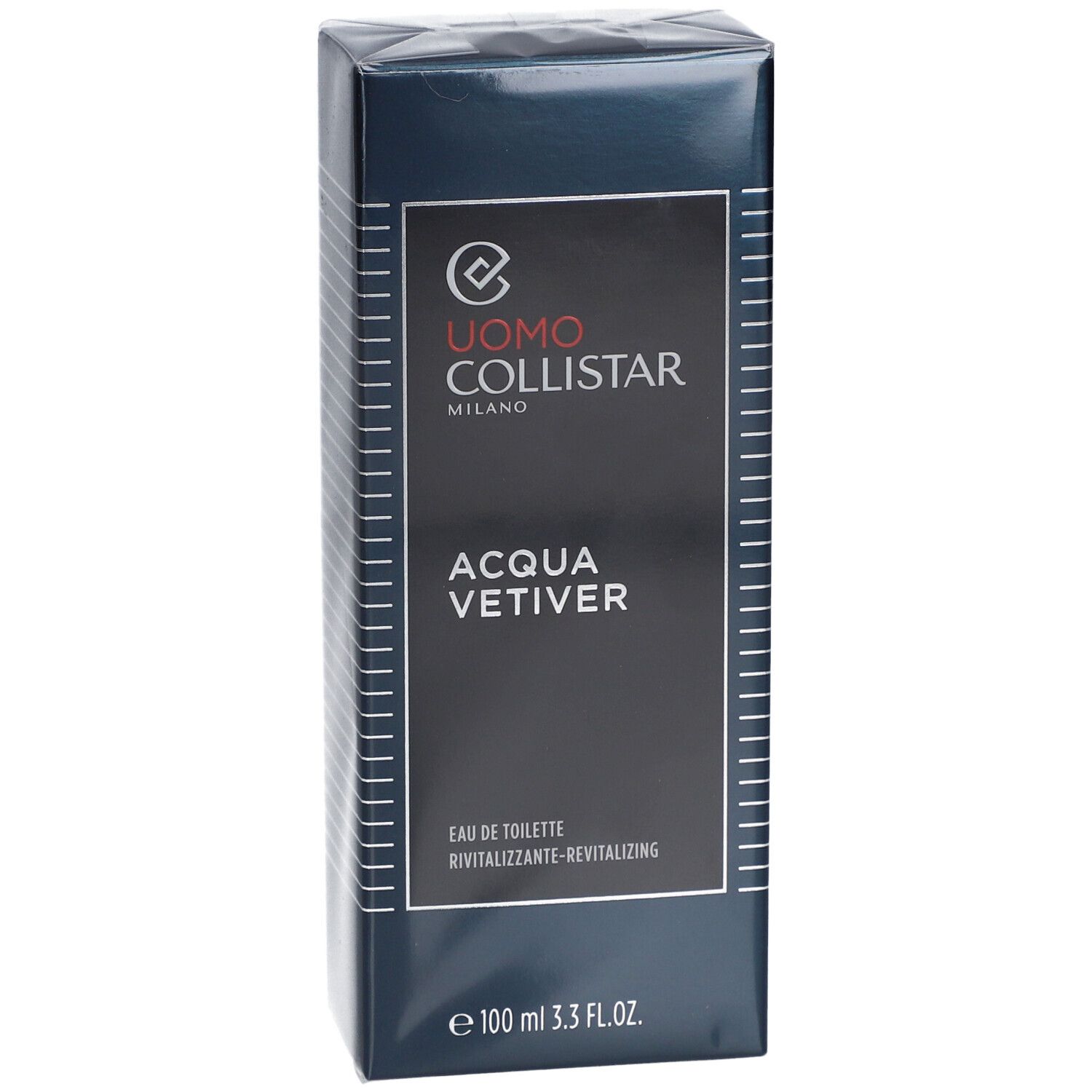 Dunkelblaue rechteckige Schachtel mit weißen Linien. Aufschrift: Uomo Collistar, Acqua Vetiver, Eau de Toilette. Unten: 100 ml 3.3 FL.OZ.