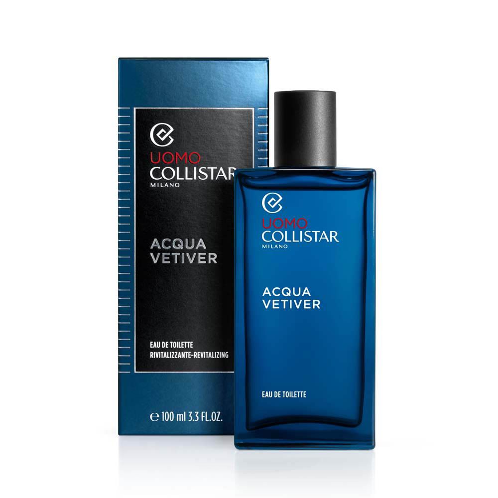 Flacon bleu et boîte. Inscription: Uomo Collistar, Acqua Vetiver, Eau de Toilette. En bas: 100 ml 3.3 FL.OZ.