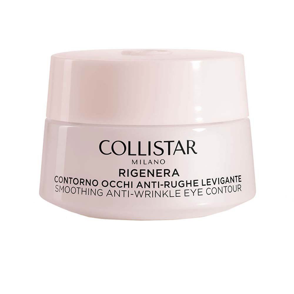 Pot de crème avec couvercle. Inscription : COLLISTAR MILANO, CONTRONO OCCHI ANTI-RUGHE LEVIGANTE, SMOOTHING ANTI-WRINKLE EYE CONTOUR.