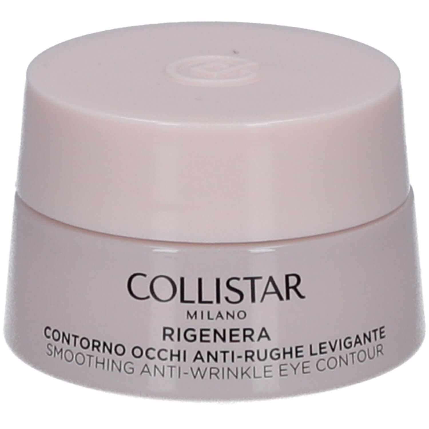 Pot de crème avec couvercle. Inscription : COLLISTAR MILANO, CONTRONO OCCHI ANTI-RUGHE LEVIGANTE, SMOOTHING ANTI-WRINKLE EYE CONTOUR.