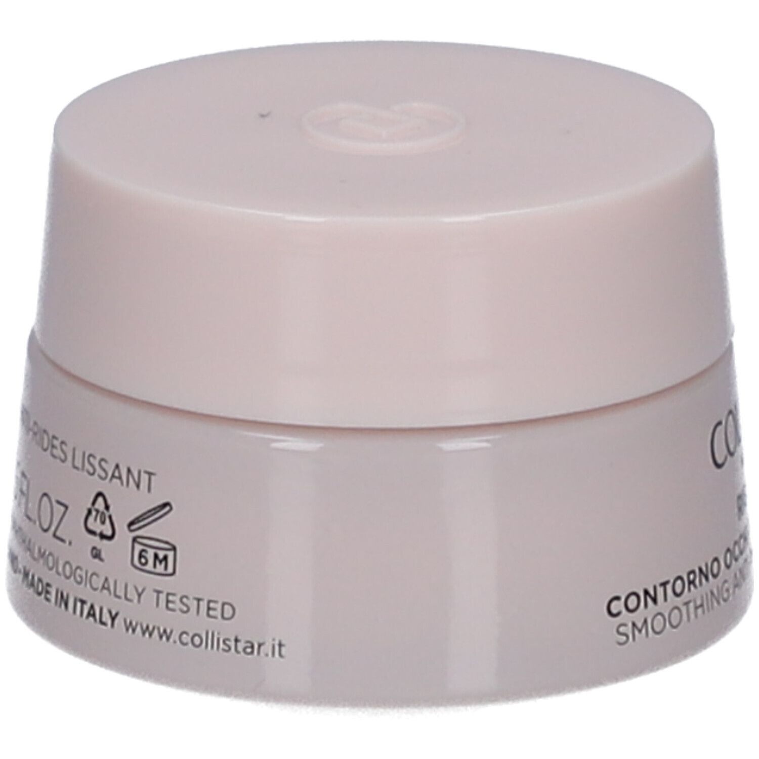 Pot de crème avec couvercle. Inscription : CONTOUR DES YEUX ANTI-RIDES LISSANT, 15 ml, 0.5 FL.OZ. Testé dermatologiquement.