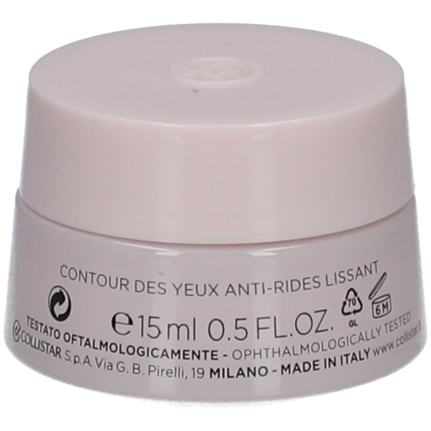 Pot de crème avec couvercle. Inscription : CONTOUR DES YEUX ANTI-RIDES LISSANT, 15 ml, 0.5 FL.OZ. Testé dermatologiquement.