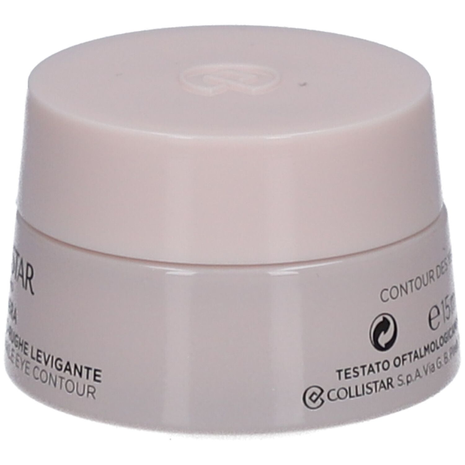 Pot de crème avec couvercle. Inscription : CONTOUR DES YEUX ANTI-RIDES LISSANT, 15 ml, 0.5 FL.OZ. Testé dermatologiquement.
