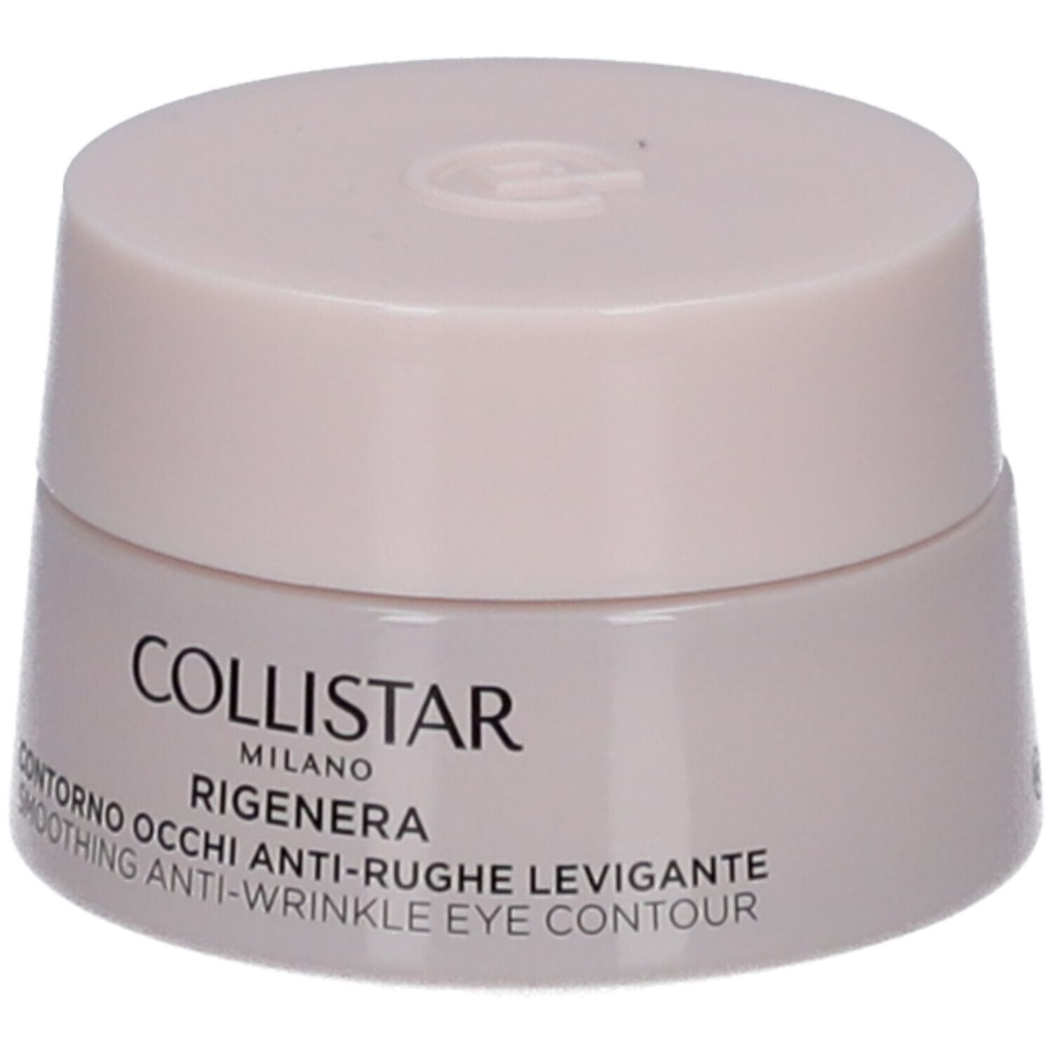 Pot de crème avec couvercle. Inscription : COLLISTAR MILANO, CONTRONO OCCHI ANTI-RUGHE LEVIGANTE, SMOOTHING ANTI-WRINKLE EYE CONTOUR.