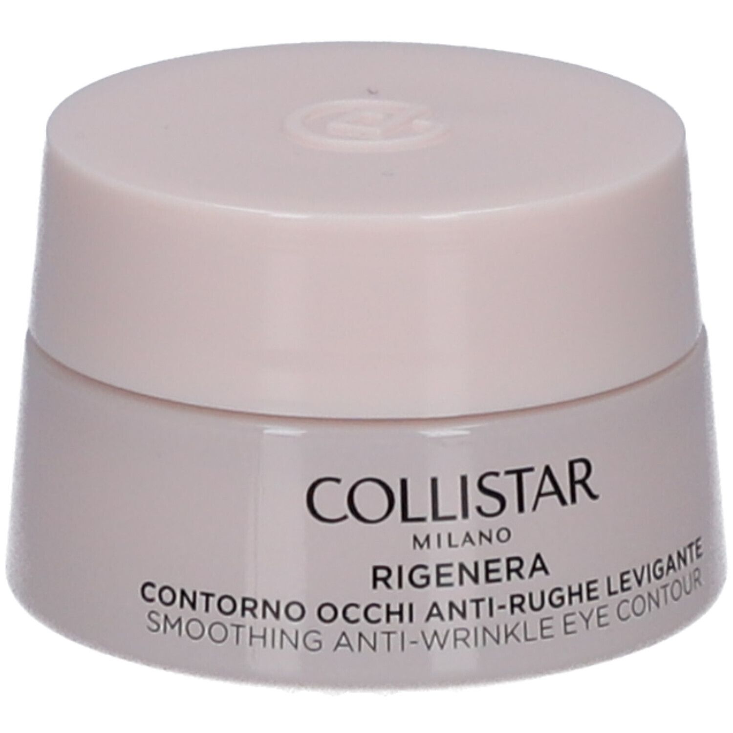 Pot de crème avec couvercle. Inscription : COLLISTAR MILANO, CONTRONO OCCHI ANTI-RUGHE LEVIGANTE, SMOOTHING ANTI-WRINKLE EYE CONTOUR.