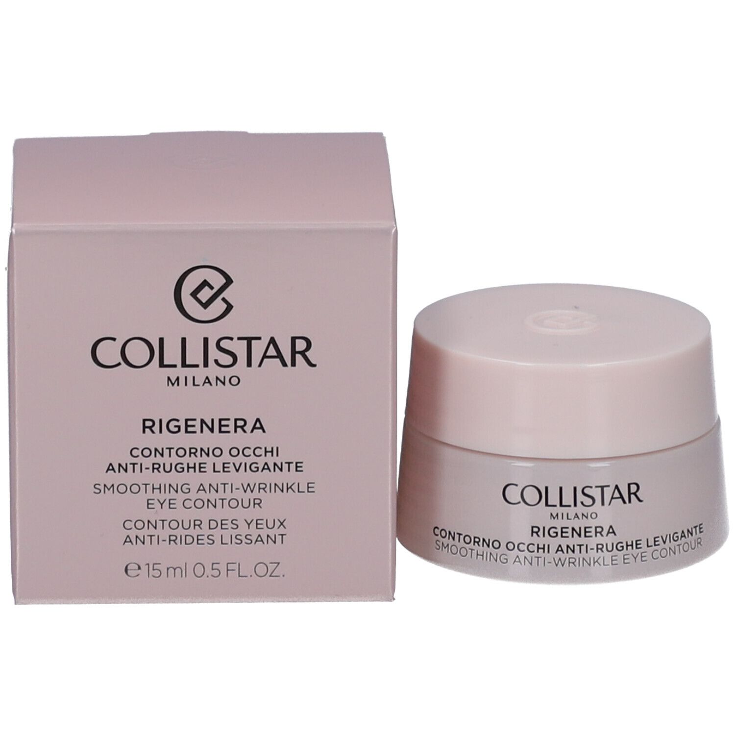 Pot de crème et boîte. Inscription : COLLISTAR MILANO, CONTRONO OCCHI ANTI-RUGHE LEVIGANTE, SMOOTHING ANTI-WRINKLE EYE CONTOUR, 15 ml, 0.5 FL.OZ.