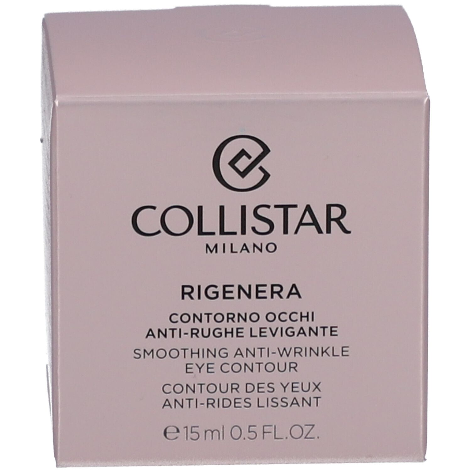 Boîte. Inscription : COLLISTAR MILANO, CONTRONO OCCHI ANTI-RUGHE LEVIGANTE, SMOOTHING ANTI-WRINKLE EYE CONTOUR, 15 ml, 0.5 FL.OZ.