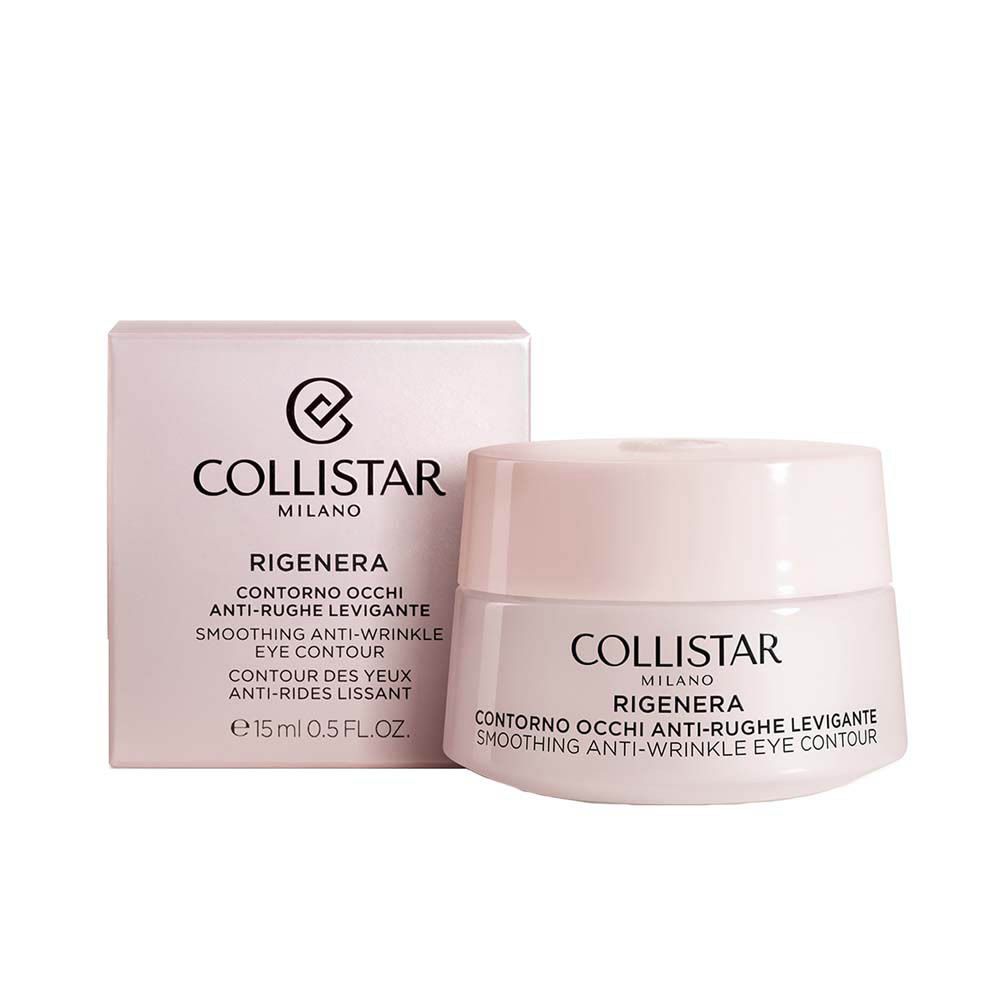 Pot de crème et boîte. Inscription : COLLISTAR MILANO, CONTRONO OCCHI ANTI-RUGHE LEVIGANTE, SMOOTHING ANTI-WRINKLE EYE CONTOUR, 15 ml, 0.5 FL.OZ.