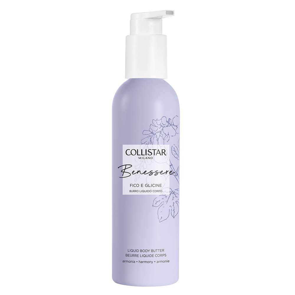 Flacon avec pompe. Étiquette lilas avec motif floral et texte : Collistar, Benessere, Figue & Glycine. Beurre liquide.