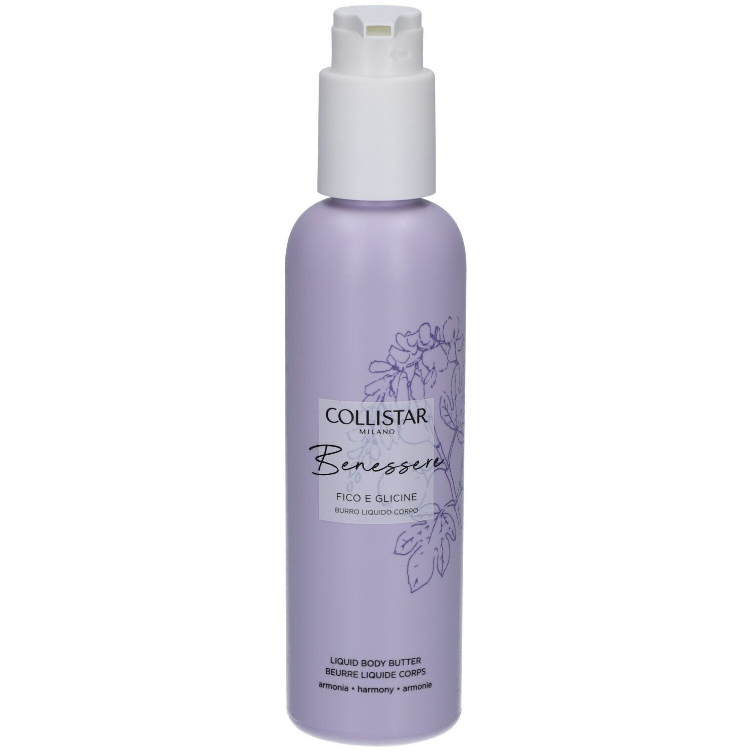 Flacon avec pompe. Étiquette lilas avec motif floral et texte : Collistar, Benessere, Figue & Glycine. Beurre liquide.